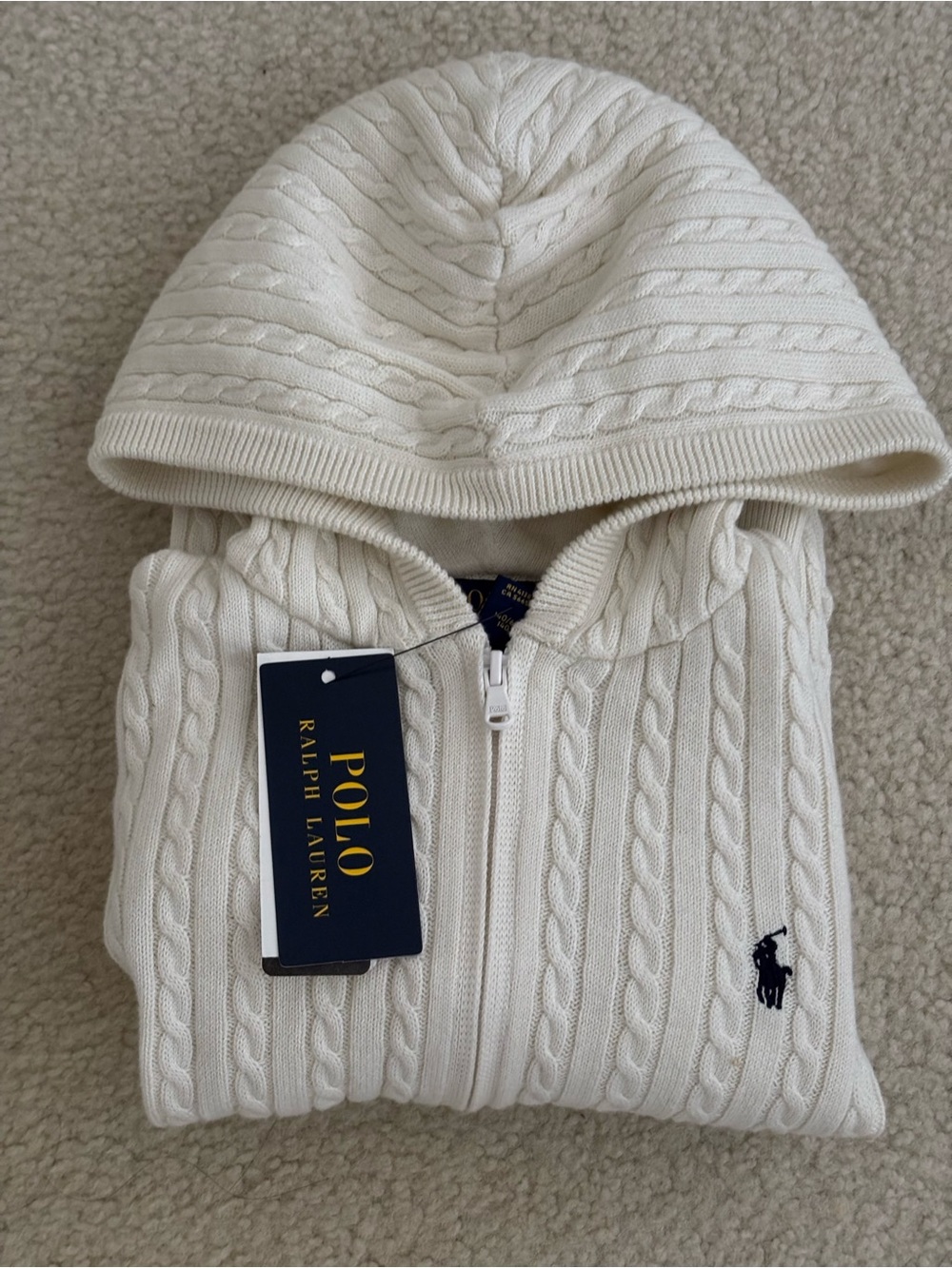 NWT Polo Ralph Lauren Girl’s White Cable Knit Hooded Zip Sweater M(8-10)